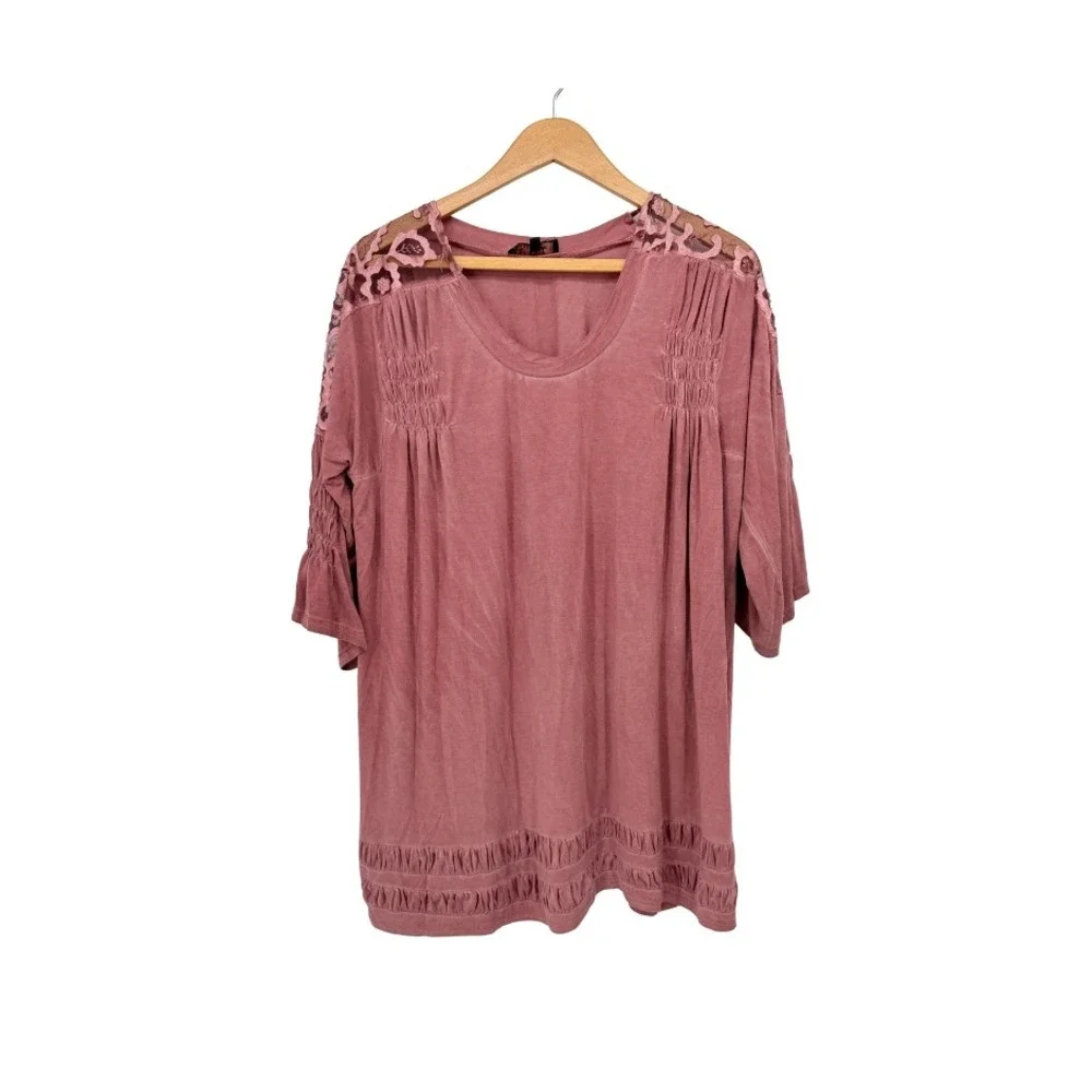 POL Tunic Top Lace Shoulder Smocked Detail Oversized Boho Chic Pink SM** - Picture 1 of 12
